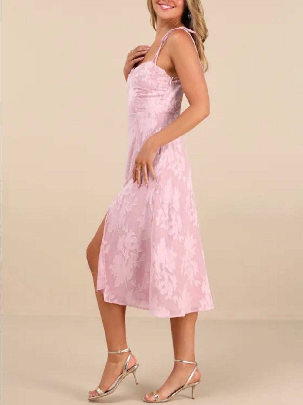 LULUS Loveliest Looks Blush Pink Floral Jacquard Tie-Strap Midi Dress Size S - Picture 4 of 13